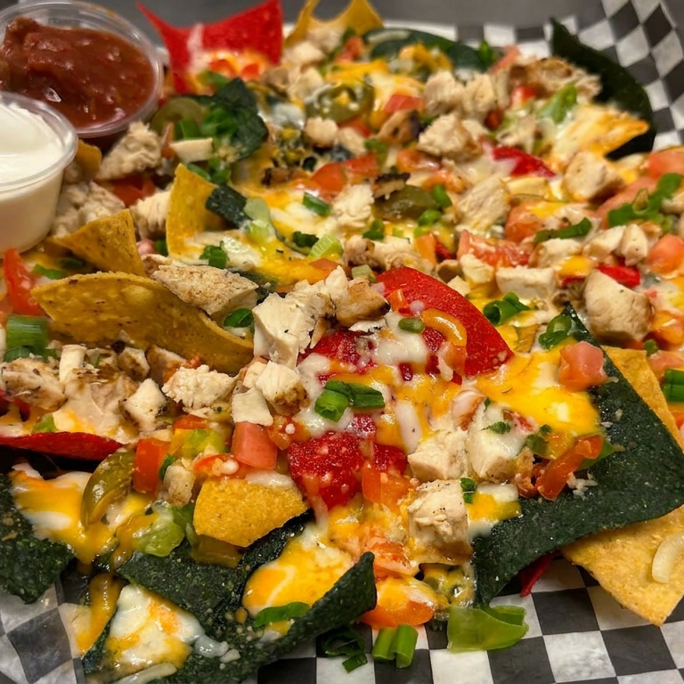 Loaded nachos with multicolored tortilla chips, melted cheese, chicken, vegetables, jalapeños, salsa, and sour cream on checkered paper.