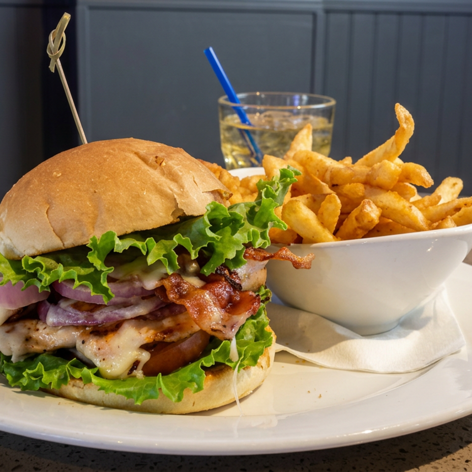 Loaded bacon cheeseburger with lettuce and onions beside a bowl of fries, served on a white plate with a drink.
