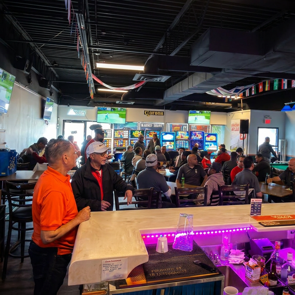 Busy sports bar with televisions showing games, patrons seated at tables, international flags overhead, and a brightly lit bar counter.