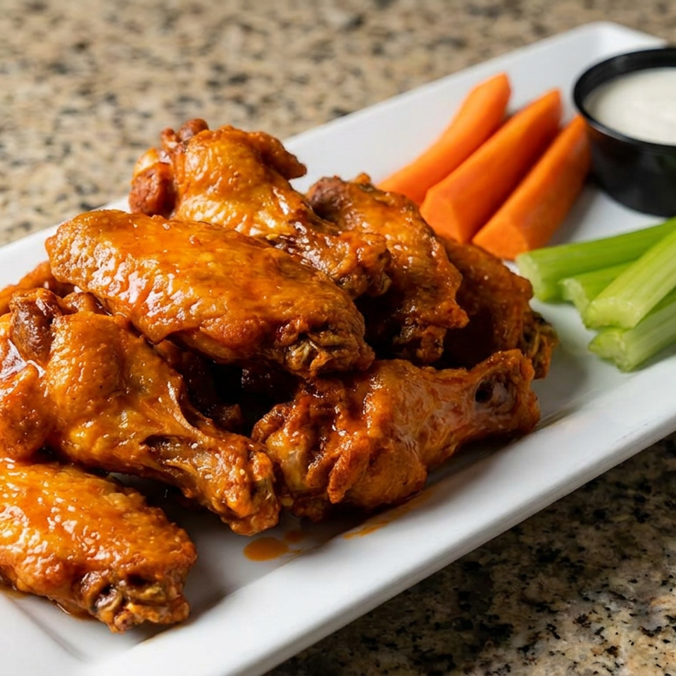 Plate of saucy buffalo chicken wings with carrot and celery sticks, served alongside a cup of creamy dipping sauce.
