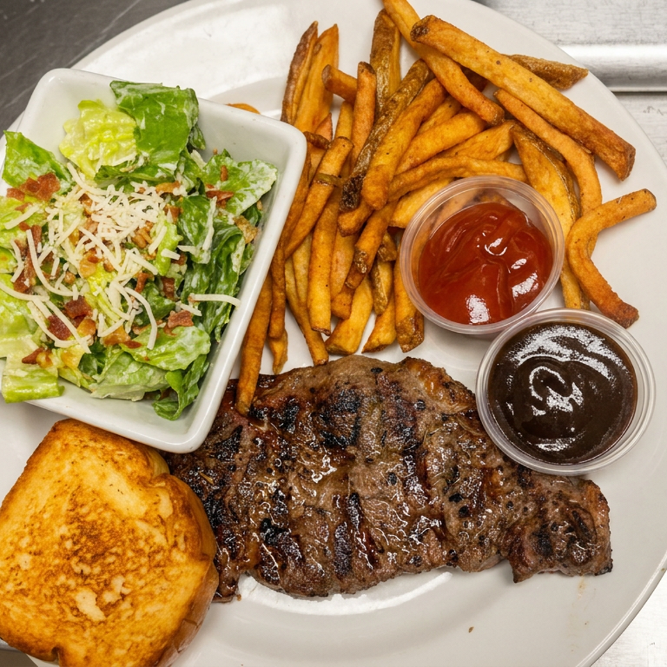Grilled steak served with toasted bread, French fries, Caesar salad, ketchup, and barbecue sauce on a white plate.